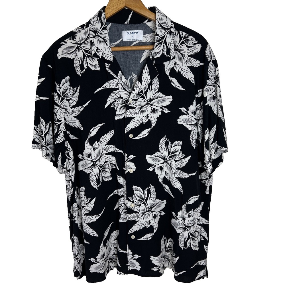 Old Navy Men's Hawaiian Shirt Size Large Soft Black And White Vacation